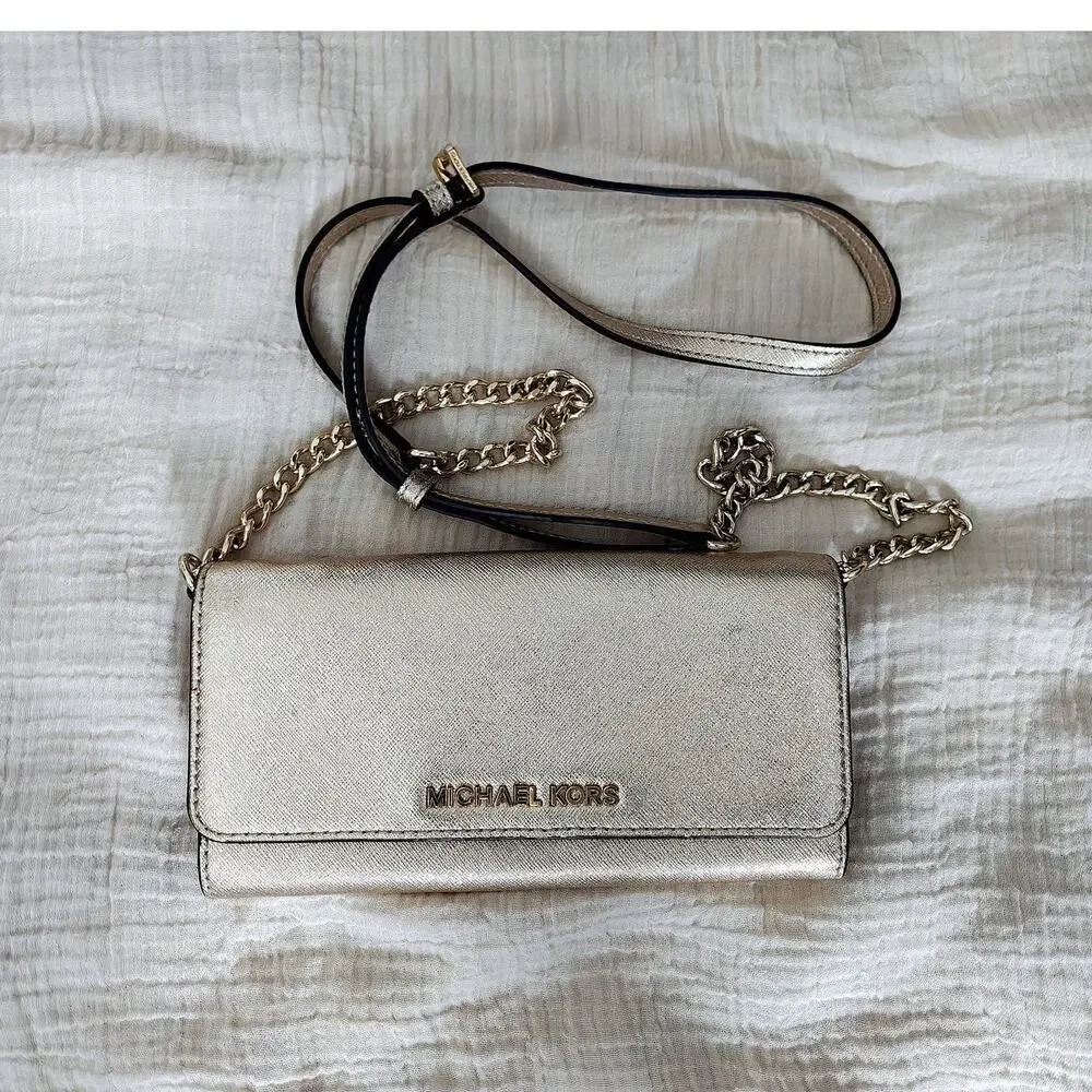 Michael Kors Jet Set Travel Saffiano Metallic Gold Wallet on Chain Crossbody Bag